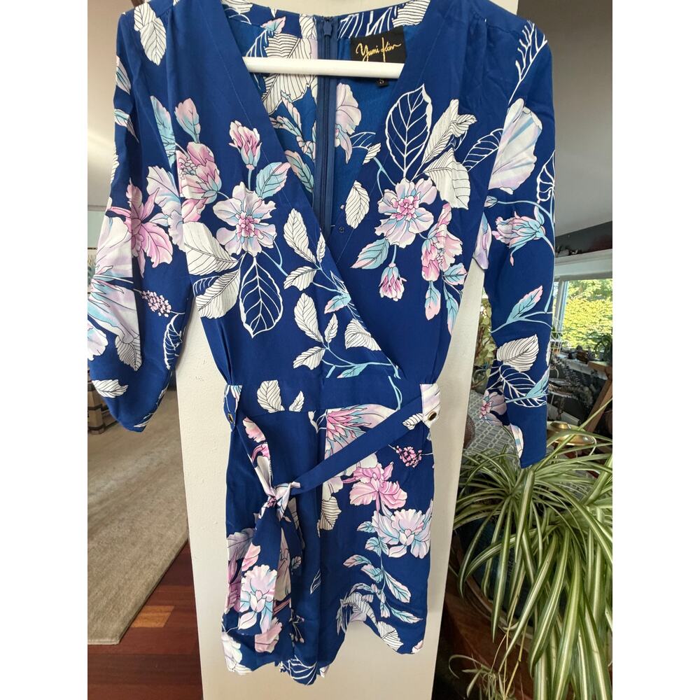 Yumi Kim Silk Floral Romper Blue Pink Wrap Tropical Cottagecore Boho Size S - Picture 2 of 7